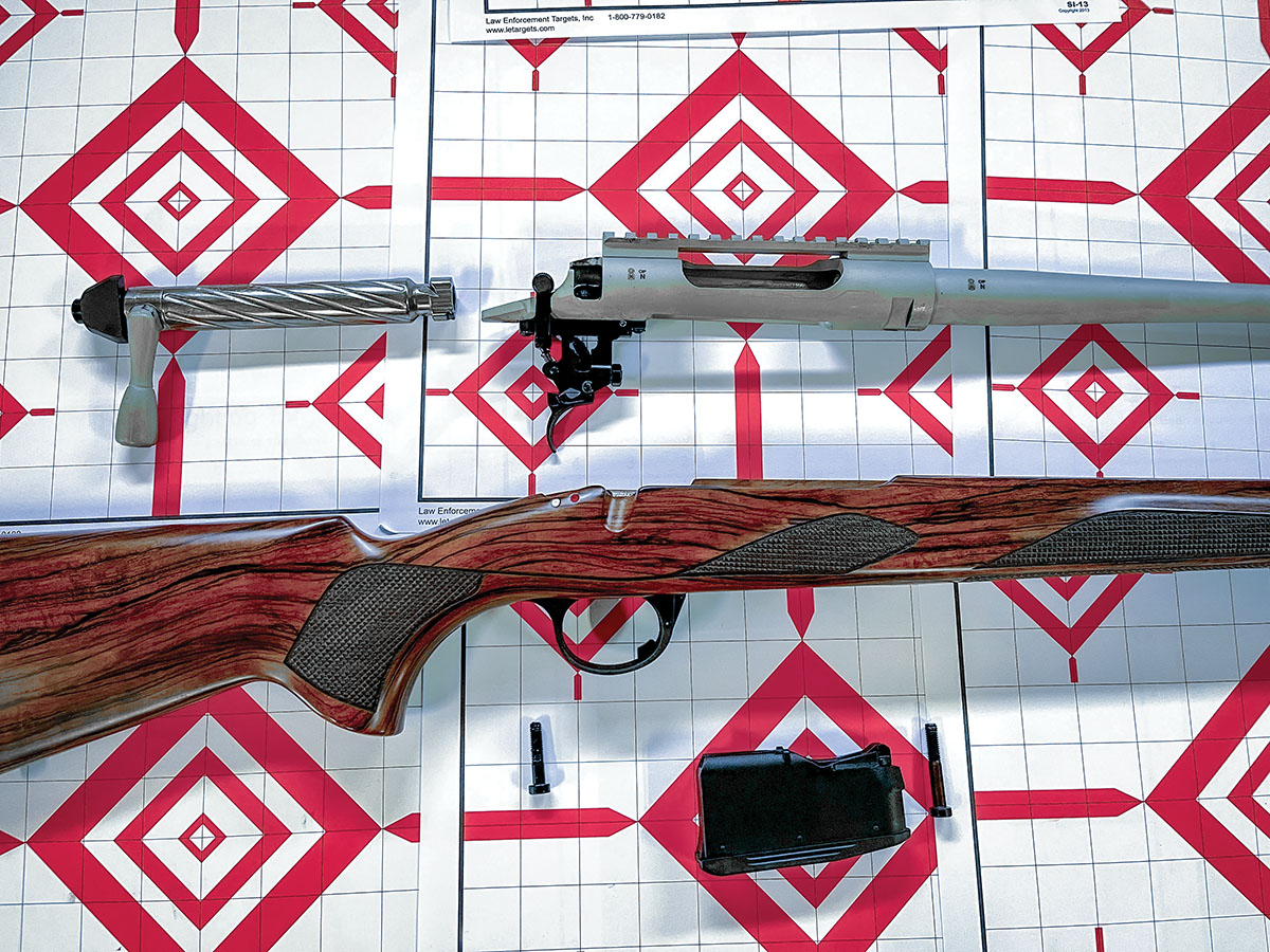 The Franchi Classic Walnut Elite is shown here taken down to its basic parts groups. The trigger guard and bottom metal are cemented into the stock and cannot be removed without damage.